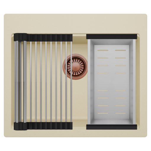 HD Infinity Beige 58 egymedencés gránit mosogatótálca szett, acél csepegtetőráccsal és kosárral, soft bézs színben, szálcsiszolt réz leeresztő szifonnal