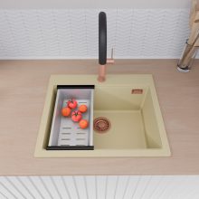 HD Infinity Beige 58 egymedencés gránit mosogatótálca szett, acél csepegtetőráccsal és kosárral, soft bézs színben, szálcsiszolt réz leeresztő szifonnal