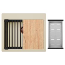 HD Infinity Beige 58 egymedencés gránit mosogatótálca szett, vágódeszkával, matt fekete csepegtetőráccsal és krómozott kosárral, soft bézs színben, szálcsiszolt réz leeresztő szifonnal