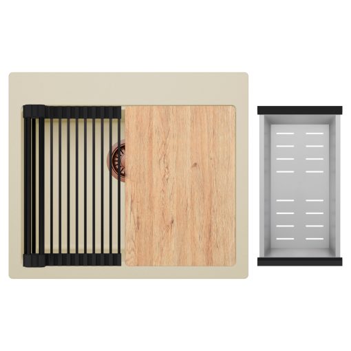 HD Infinity Beige 58 egymedencés gránit mosogatótálca szett, vágódeszkával, matt fekete csepegtetőráccsal és krómozott kosárral, soft bézs színben, szálcsiszolt réz leeresztő szifonnal