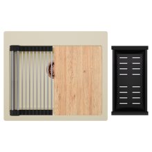 HD Infinity Beige 58 egymedencés gránit mosogatótálca szett, vágódeszkával, acél csepegtetőráccsal és matt fekete kosárral, soft bézs színben, szálcsiszolt réz leeresztő szifonnal