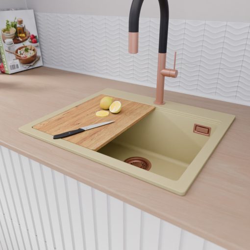 HD Infinity Beige 58 egymedencés gránit mosogatótálca szett, vágódeszkával, acél csepegtetőráccsal, soft bézs színben, szálcsiszolt réz leeresztő szifonnal