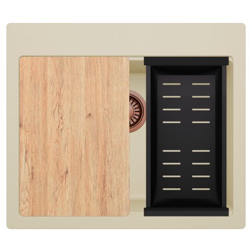 HD Infinity Beige 58 egymedencés gránit mosogatótálca szett, vágódeszkával, matt fekete csepegtetőkosárral, soft bézs színben, szálcsiszolt réz leeresztő szifonnal