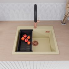 HD Infinity Beige 58 egymedencés gránit mosogatótálca szett, vágódeszkával, matt fekete csepegtetőkosárral, soft bézs színben, szálcsiszolt réz leeresztő szifonnal