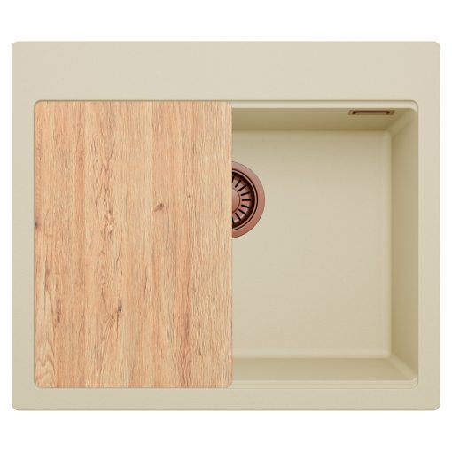 HD Infinity Beige 58 egymedencés gránit mosogatótálca, vágódeszkával, soft bézs színben, szálcsiszolt réz leeresztő szifonnal