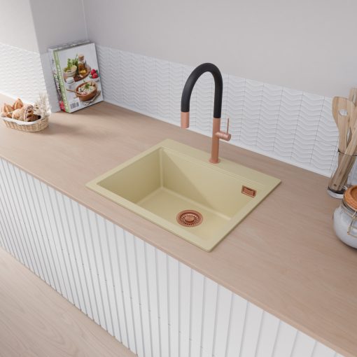 HD Infinity Beige 58 egymedencés gránit mosogatótálca, vágódeszkával, soft bézs színben, szálcsiszolt réz leeresztő szifonnal