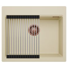 HD Infinity Beige 58 egymedencés gránit mosogatótálca szett, acél csepegtetőráccsal, soft bézs színben, szálcsiszolt réz leeresztő szifonnal