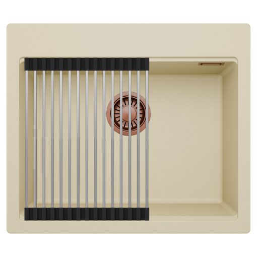 HD Infinity Beige 58 egymedencés gránit mosogatótálca szett, acél csepegtetőráccsal, soft bézs színben, szálcsiszolt réz leeresztő szifonnal