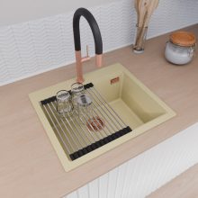 HD Infinity Beige 58 egymedencés gránit mosogatótálca szett, acél csepegtetőráccsal, soft bézs színben, szálcsiszolt réz leeresztő szifonnal