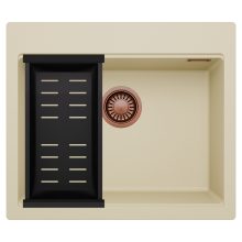 HD Infinity Beige 58 egymedencés gránit mosogatótálca szett, matt fekete csepegtetőkosárral, soft bézs színben, szálcsiszolt réz leeresztő szifonnal