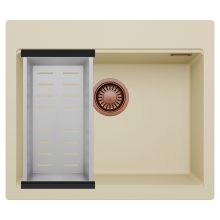 HD Infinity Beige 58 egymedencés gránit mosogatótálca szett, acél csepegtetőkosárral, soft bézs színben, szálcsiszolt réz leeresztő szifonnal