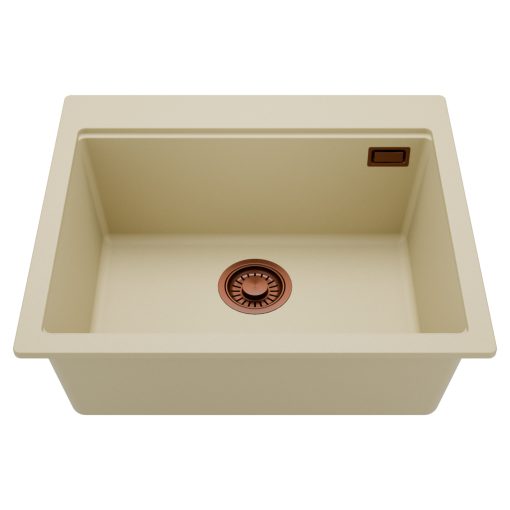 HD Infinity Beige 58 egymedencés gránit mosogatótálca, soft bézs színben, szálcsiszolt réz leeresztő szifonnal