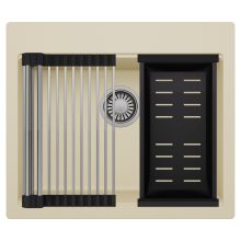 HD Infinity Beige 58 egymedencés gránit mosogatótálca szett, acél csepegtetőráccsal és matt fekete kosárral, soft bézs színben