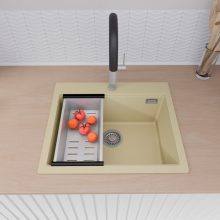 HD Infinity Beige 58 egymedencés gránit mosogatótálca szett, acél csepegtetőráccsal és kosárral, soft bézs színben