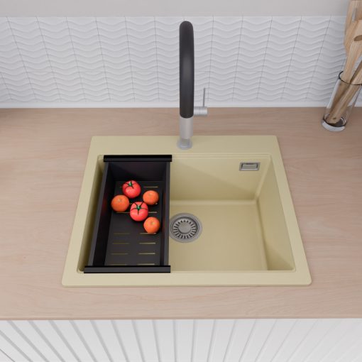 HD Infinity Beige 58 egymedencés gránit mosogatótálca szett, vágódeszkával, matt fekete csepegtetőráccsal és kosárral, soft bézs színben