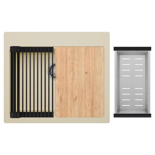 HD Infinity Beige 58 egymedencés gránit mosogatótálca szett, vágódeszkával, matt fekete csepegtetőráccsal és krómozott kosárral, soft bézs színben