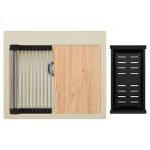 HD Infinity Beige 58 egymedencés gránit mosogatótálca szett, vágódeszkával, acél csepegtetőráccsal és matt fekete kosárral, soft bézs színben