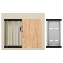 HD Infinity Beige 58 egymedencés gránit mosogatótálca szett, vágódeszkával, acél csepegtetőráccsal és kosárral, soft bézs színben