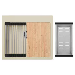   HD Infinity Beige 58 egymedencés gránit mosogatótálca szett, vágódeszkával, acél csepegtetőráccsal és kosárral, soft bézs színben