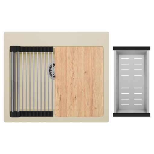 HD Infinity Beige 58 egymedencés gránit mosogatótálca szett, vágódeszkával, acél csepegtetőráccsal és kosárral, soft bézs színben