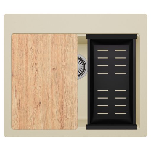 HD Infinity Beige 58 egymedencés gránit mosogatótálca szett, vágódeszkával, matt fekete csepegtetőkosárral, soft bézs színben