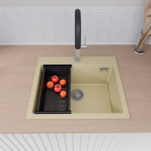 HD Infinity Beige 58 egymedencés gránit mosogatótálca szett, vágódeszkával, matt fekete csepegtetőkosárral, soft bézs színben