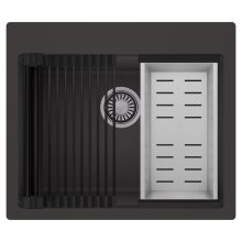 HD Infinity Antracit 58 egymedencés gránit mosogatótálca szett, matt fekete csepegtetőráccsal és krómozott kosárral, matt antracit színben, szálcsiszolt króm leeresztő szifonnal