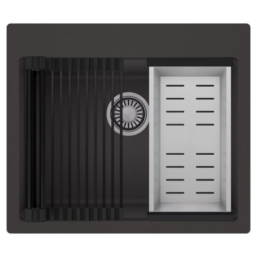 HD Infinity Antracit 58 egymedencés gránit mosogatótálca szett, matt fekete csepegtetőráccsal és krómozott kosárral, matt antracit színben, szálcsiszolt króm leeresztő szifonnal