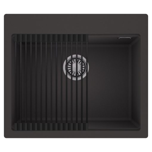 HD Infinity Antracit 58 egymedencés gránit mosogatótálca szett, matt fekete csepegtetőráccsal, matt antracit színben, szálcsiszolt króm leeresztő szifonnal