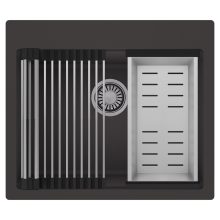 HD Infinity Antracit 58 egymedencés gránit mosogatótálca szett, acél csepegtetőráccsal és kosárral, matt antracit színben, szálcsiszolt króm leeresztő szifonnal