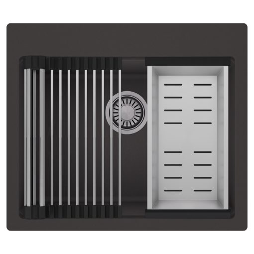 HD Infinity Antracit 58 egymedencés gránit mosogatótálca szett, acél csepegtetőráccsal és kosárral, matt antracit színben, szálcsiszolt króm leeresztő szifonnal