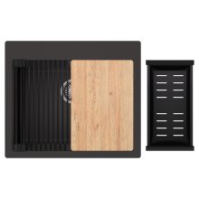 HD Infinity Antracit 58 egymedencés gránit mosogatótálca szett, vágódeszkával, matt fekete csepegtetőráccsal és kosárral, matt antracit színben, szálcsiszolt króm leeresztő szifonnal