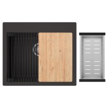 HD Infinity Antracit 58 egymedencés gránit mosogatótálca szett, vágódeszkával, matt fekete csepegtetőráccsal és krómozott kosárral, matt antracit színben, szálcsiszolt króm leeresztő szifonnal