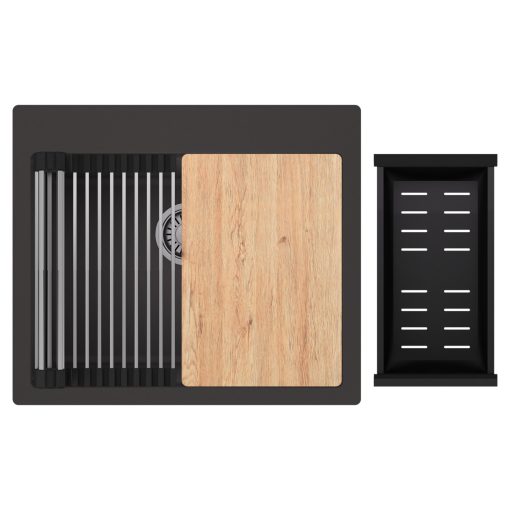 HD Infinity Antracit 58 egymedencés gránit mosogatótálca szett, vágódeszkával, acél csepegtetőráccsal és matt fekete kosárral, matt antracit színben, szálcsiszolt króm leeresztő szifonnal