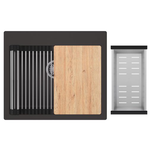 HD Infinity Antracit 58 egymedencés gránit mosogatótálca szett, vágódeszkával, acél csepegtetőráccsal és kosárral, matt antracit színben, szálcsiszolt króm leeresztő szifonnal