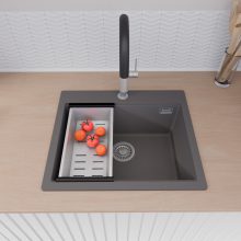 HD Infinity Antracit 58 egymedencés gránit mosogatótálca szett, vágódeszkával, acél csepegtetőráccsal és kosárral, matt antracit színben, szálcsiszolt króm leeresztő szifonnal