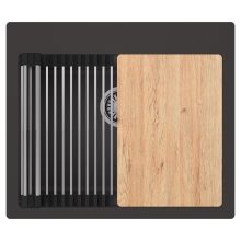 HD Infinity Antracit 58 egymedencés gránit mosogatótálca szett, vágódeszkával, acél csepegtetőráccsal, matt antracit színben, szálcsiszolt króm leeresztő szifonnal