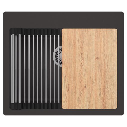 HD Infinity Antracit 58 egymedencés gránit mosogatótálca szett, vágódeszkával, acél csepegtetőráccsal, matt antracit színben, szálcsiszolt króm leeresztő szifonnal