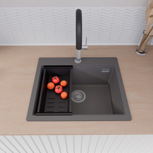 HD Infinity Antracit 58 egymedencés gránit mosogatótálca szett, vágódeszkával, matt fekete csepegtetőkosárral, matt antracit színben, szálcsiszolt króm leeresztő szifonnal