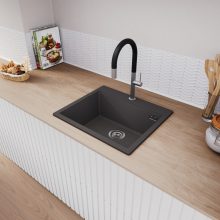 HD Infinity Antracit 58 egymedencés gránit mosogatótálca, vágódeszkával, matt antracit színben, szálcsiszolt króm leeresztő szifonnal