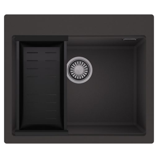 HD Infinity Antracit 58 egymedencés gránit mosogatótálca szett, matt fekete csepegtetőkosárral, matt antracit színben, szálcsiszolt króm leeresztő szifonnal
