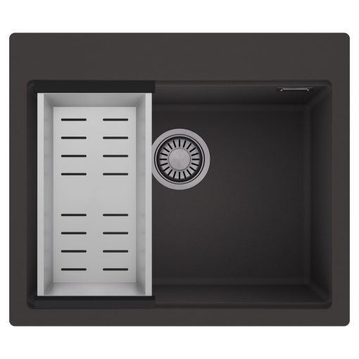 HD Infinity Antracit 58 egymedencés gránit mosogatótálca szett, acél csepegtetőkosárral, matt antracit színben, szálcsiszolt króm leeresztő szifonnal