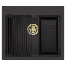 HD Infinity Antracit 58 egymedencés gránit mosogatótálca szett, matt fekete csepegtetőráccsal és kosárral, matt antracit színben, szálcsiszolt arany leeresztő szifonnal
