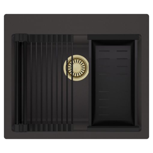 HD Infinity Antracit 58 egymedencés gránit mosogatótálca szett, matt fekete csepegtetőráccsal és kosárral, matt antracit színben, szálcsiszolt arany leeresztő szifonnal