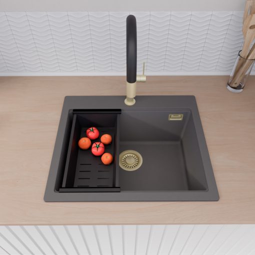 HD Infinity Antracit 58 egymedencés gránit mosogatótálca szett, matt fekete csepegtetőráccsal és kosárral, matt antracit színben, szálcsiszolt arany leeresztő szifonnal