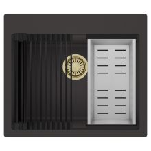HD Infinity Antracit 58 egymedencés gránit mosogatótálca szett, matt fekete csepegtetőráccsal és krómozott kosárral, matt antracit színben, szálcsiszolt arany leeresztő szifonnal