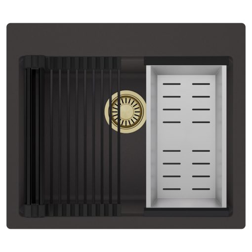 HD Infinity Antracit 58 egymedencés gránit mosogatótálca szett, matt fekete csepegtetőráccsal és krómozott kosárral, matt antracit színben, szálcsiszolt arany leeresztő szifonnal