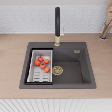 HD Infinity Antracit 58 egymedencés gránit mosogatótálca szett, matt fekete csepegtetőráccsal és krómozott kosárral, matt antracit színben, szálcsiszolt arany leeresztő szifonnal