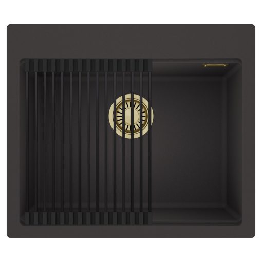 HD Infinity Antracit 58 egymedencés gránit mosogatótálca szett, matt fekete csepegtetőráccsal, matt antracit színben, szálcsiszolt arany leeresztő szifonnal