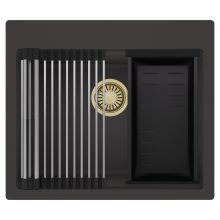 HD Infinity Antracit 58 egymedencés gránit mosogatótálca szett, acél csepegtetőráccsal és matt fekete kosárral, matt antracit színben, szálcsiszolt arany leeresztő szifonnal
